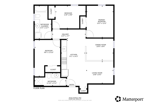 A floor plan of a house with a living room, kitchen, and two bathrooms.